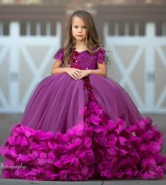 Adorable Purple Ball Gown Girls Pageant Dresses Party Evening Wears For Teens Arabic Ruched Butterfly Flowers Kids Formal Wears Quinceanear