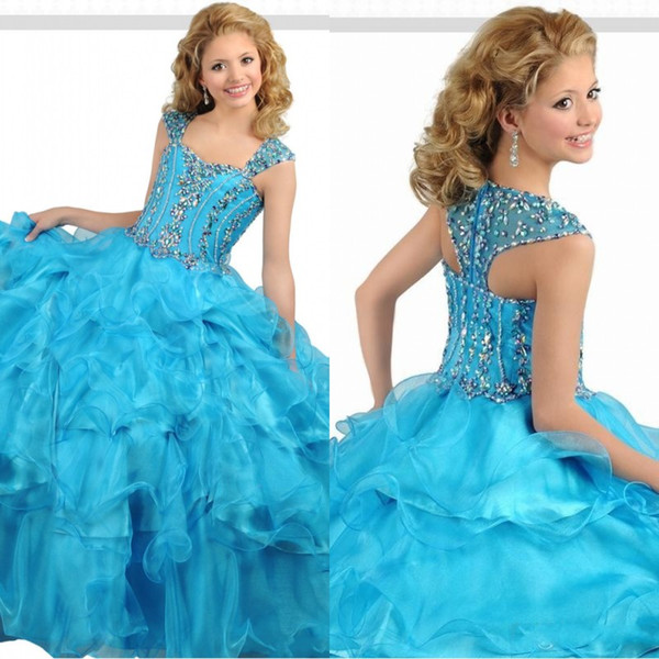 Ocean Blue Ball Gown Organza Girls Pageant Dresses Straps Layers Pleated Crystal Top Glitz Kids Formal Party Dress