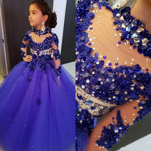 High Neck Girls Pageant Dresses For Weddings Long Sleeve Royal Blue Beads Flower Girl Dress Floor Length Kids Birthday Communion Dress