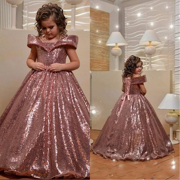 Ball Gown Rose Gold Sequin Girls Pageant Dresses With Off shoulder Sequin Floor Length A Line Kid Formal Pageant Dresses Cheap