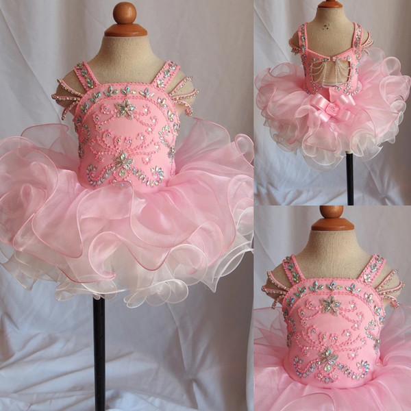 Glitz Beaded Bodice Baby Girl Princess Cupcake Pageant Dresses New Pink Crystal Flower Girls Gowns