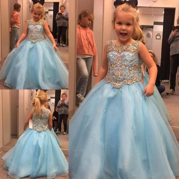 New Light Sky Blue Girls Pageant Dresses A Line Crystals Beaded Kids Formal Wear Gowns Flower Girl Dress BA7586