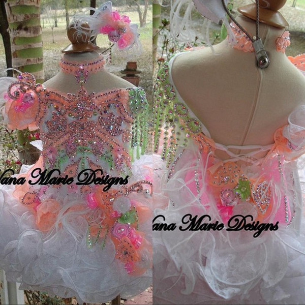 Summer Ball Gowns Toddler Girls Glitz Pageant Dresses Beads Crystals Flowers Feather Organza Flower Girl Dresses Cupcake Dress BO6998