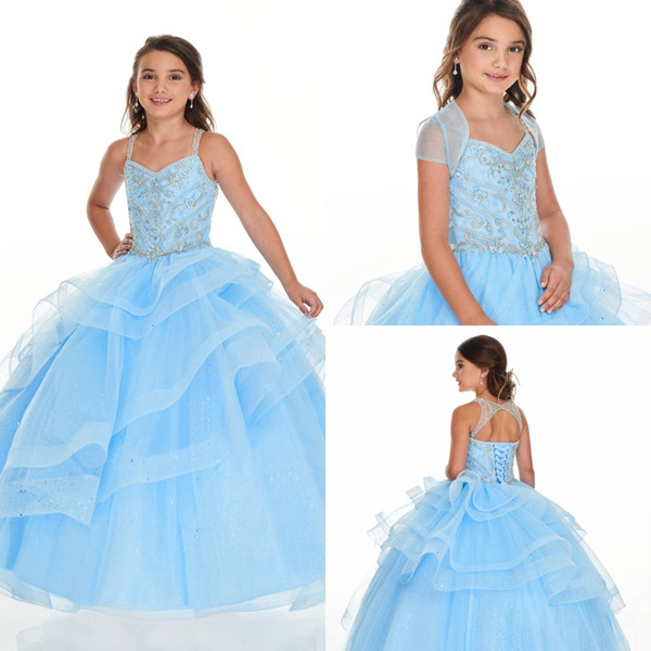 Baby Blue Removable Jacket Girls Pageant Dresses Spaghetti Straps Ball Gown Beading Crystal Girl Birthday Party Flower Dress