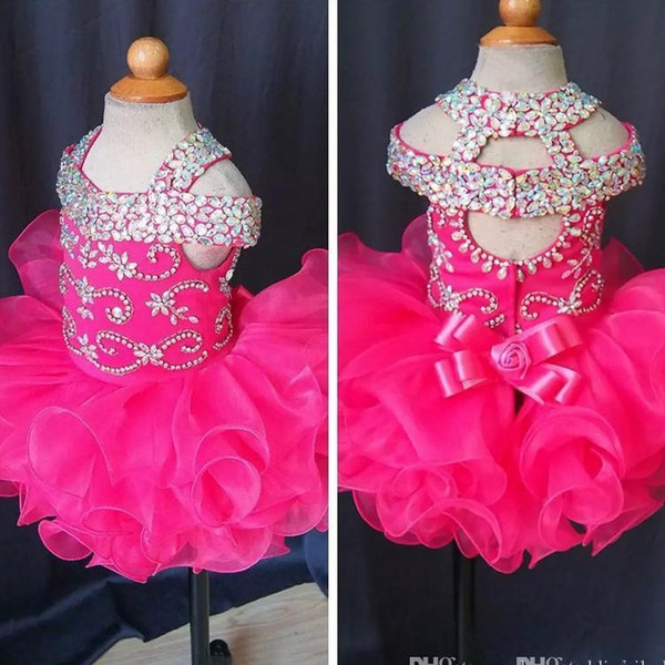 New Cute Infant Mini Short Skirts Toddler Girls Ruffles Flower Girls Dress Baby Girls Glitz Crystal Beaded Pageant Cupcake Gowns