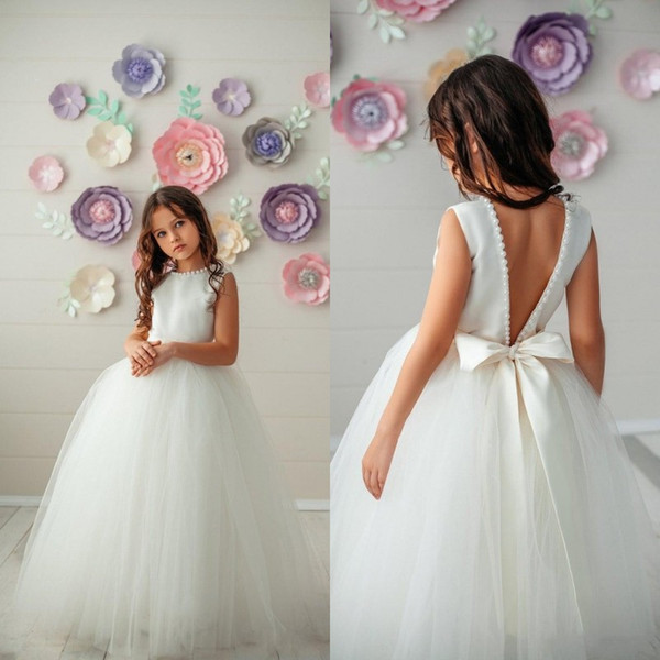 Boho Puffy Tulle Flower Girl Dresses V Cut Back Pearls Beaded Jewel Neck Kids Wedding Party Gown Pageant First Communion Birthday Dress