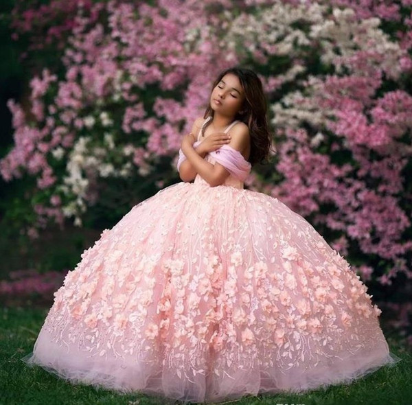 Baby Pink Ball Gown Flower Girl Dresses Off Shoulder Lace Girls Pageant Dress Kids Formal Wear First Communion Gowns Party Wear