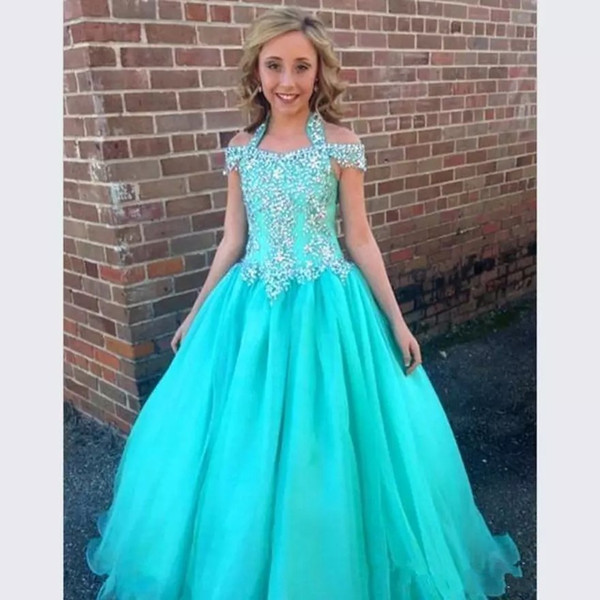 Halter Pageant Dresses For Girls Teens Beadeds A Line Flower Girl Dresses For Weddings Junior Glitz First Communion Dress Kids Formal Wear