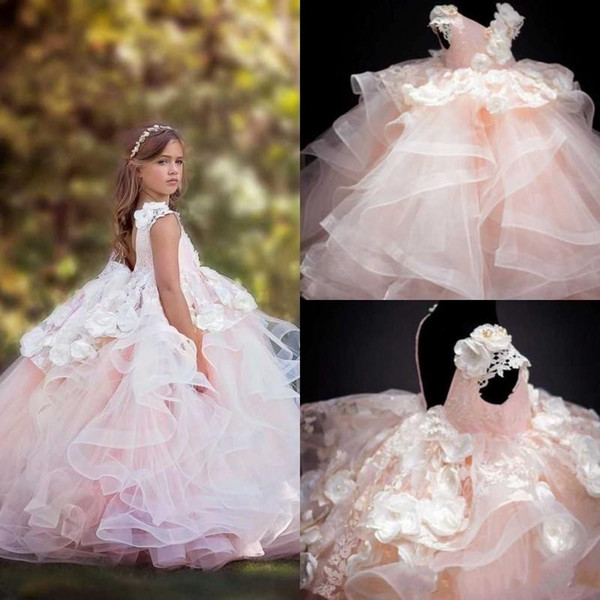 Princess Baby Flower Girls Dresses Tiered Skirts Lace 3D Floral Appliqued Girl Pageant Dress V Neck Floor Length Girls Formal Gowns