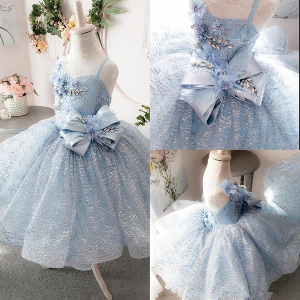 Princess Sky Blue Flower Girl Dresses With Big Bow Sash Princess Spaghetti Strap Sequins Crystals Tulle Long Girls Pageant Gowns Formal