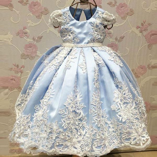 Adorable Light Sky Blue Princess Flower Girl Dresses Cap Sleeve Crew Neck Appliques First Communion Toddler Dress With Big Bow BA6504