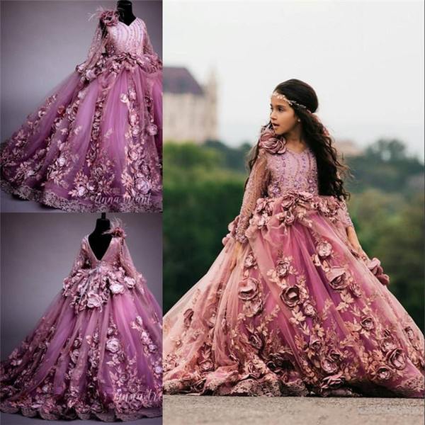 Vintage 3D Flora Flowers Ball Gown Girl Pageant Dresses Sheer Long Sleeve Appliques Floor Length Kids Toddler Pageant Prom Evening Gown