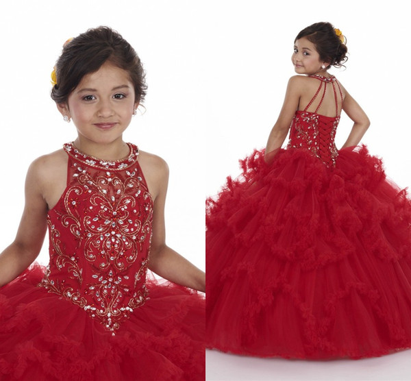 Princess Red Champagne Girl Pageant Dresses New Ruched Tulle Puffy Skirt Corset Back Crystals Beaded Appliques Top Kids Formal Dress