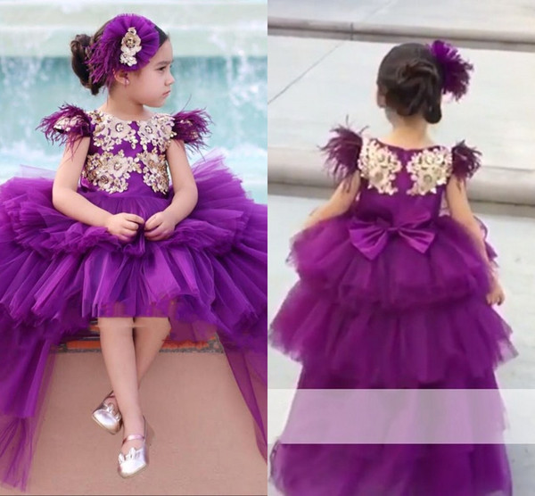 Tiered Ruffle High Low Purple Girls Pageant Dresses Princess Cap Sleeve Gold Appliques Long Toddler Kids Formal Party Prom Gowns