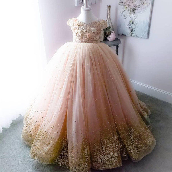 Princess Sparkly Lace Flowers Girl Dresses Pearls Little Girl Wedding Dresses Vintage Pageant Dresses Gowns