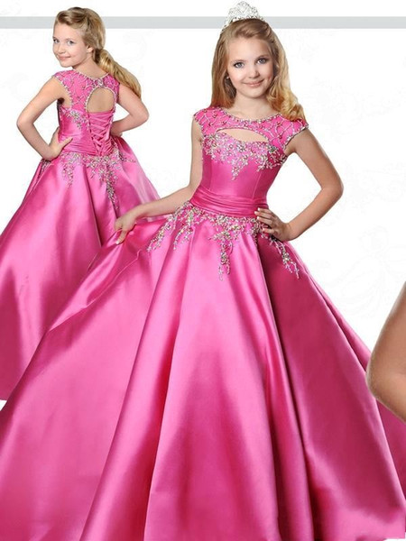 Fuchsia Girls Pageant Dresses Crew Neck Floor Length Ball Gown Flower Girls Dress with Lace Up Back Beaded Formal Dress For Teens BC2425