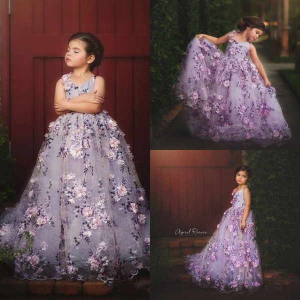 Lavender Lace Little Girls Pageant Dresses 3D Floral Appliques Toddler Ball Gown Flower Girl Dress Floor Length Tulle First Communion Wears