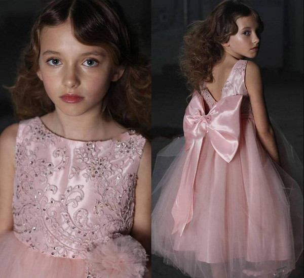 Pink Hot Sale Girl's Pageant Dresses Embroidery Satin Ruffles Kids Girls Formal Occasion Princess Flower Girl Dresses With Big Bow Sash