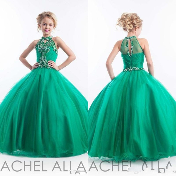 New Emerald Green Girls Pageant Dresses Halter High Neck Sleeveless Tulle Beaded Crystals Kids Birthday Prom Gowns BA0248