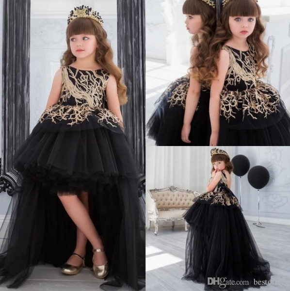 Gold Sequins Flower Girl Pageant Dress With Train Black Ball Gown Hi Lo Little Girls Toddler Dress Tiered Formal Gowns For Kids