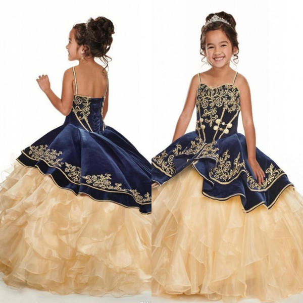 New Navy Blue With Gold Embroidery Girls Pageant Dresses Spaghetti Strap Toddler Layer Champagne Ruffles Cute Flower Girl Dresses