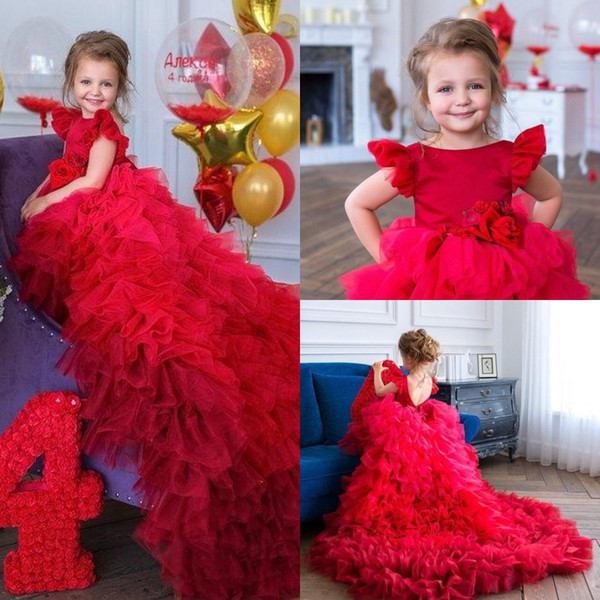 Flower Girl Birthday Dresses Tulle Tiered Skirts Jewel Neck Cap Sleeve Handmade Girls Pageant Dress Backless Little Girls Formal Gown