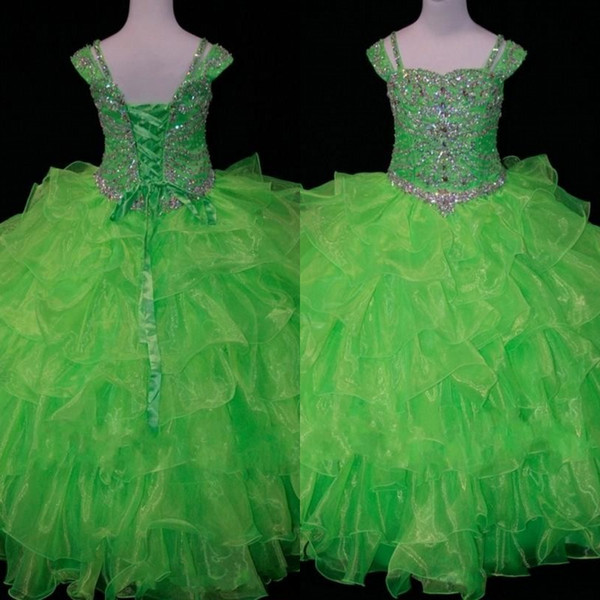 Princess Lime Green Toddler Girls Pageant Dresses Ball Gown Organza Ruffled Cap Short Sleeves Little Girls Crystal Bead Flower Girls dress