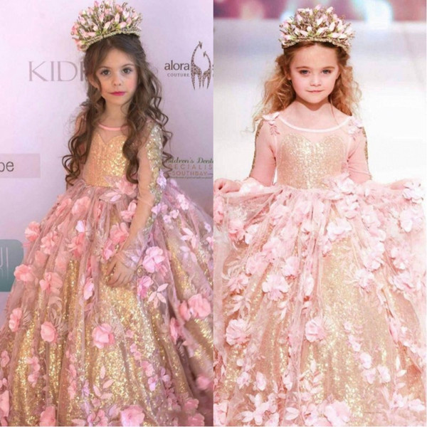 Amazing Blush 3D Floral Flowers Girl Pageant Dresses Long Sleeves Gold Sequined Fabric Kids Toddlers Prom Evening Party Flower Girls Dress