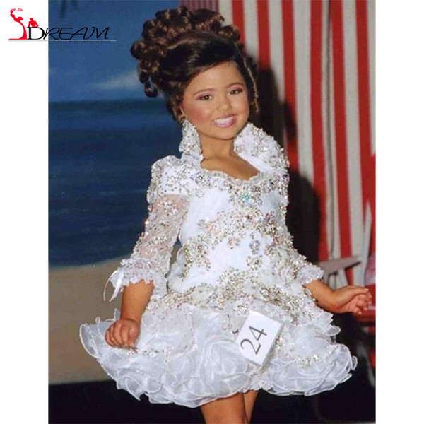 Real Little Girl Gowns 3/4 Sleeve Beads Crystal Rhinestone Ruffles Short Flower Girl Dress White Glitz Pageant Dress