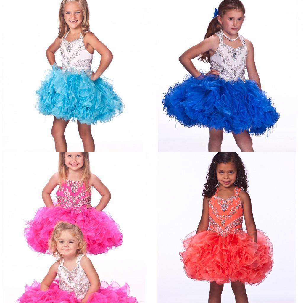 New Halter Bling Little Girl's Pageant Dresses Ball Gown Glitz Cheap Organza Appliques Crystal Beads vestidos de desfile de niñas