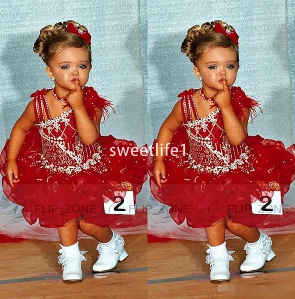 Adorable Dark Red Girls Pageant Dresses Feather Rhinestones Short Mini Ruffles Organza Flower Girls Dresses First Communion Dresses