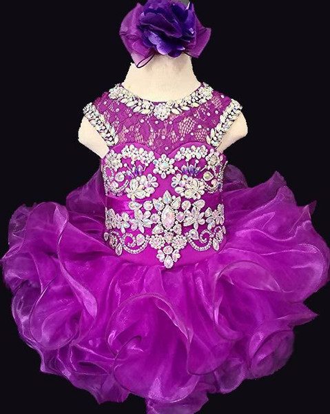 Crew Neck Purple Organza Girls Pageant Gown Beaded Crystal Short Mini Corset Back Flower Girls Dresses First Communion Dresses Custom