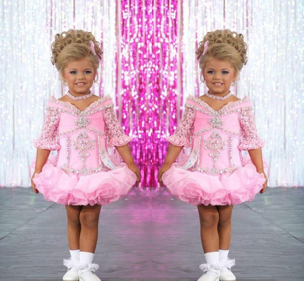 Pink Off The Shoulder Girls Pageant Dresses Half Sleeve Short Mini Organza Flower Girls Dresses First Communion Dresses Hot Sale