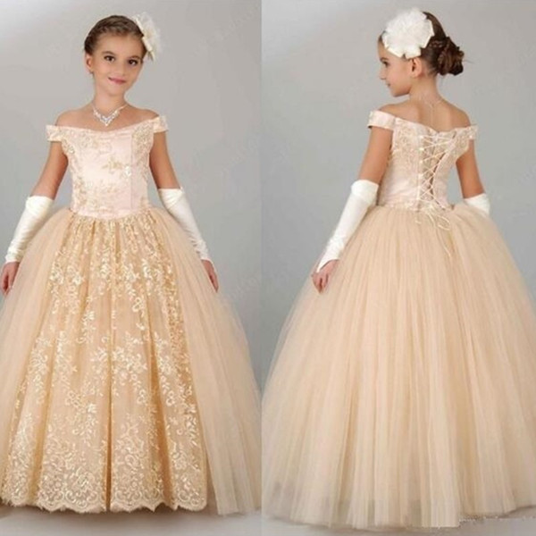 Cheap Champagne Princess Flower Girls Dresses For Wedding Off Shoulder Lace Tulle Puffy Party Children For Birthday Girl Pageant Gowns