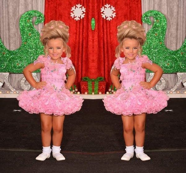 Pink Short Mini Girls Pageant Gowns Beaded Crystal Short Sleeve First Communion Dresses Flower Girls Dresses Custom Made