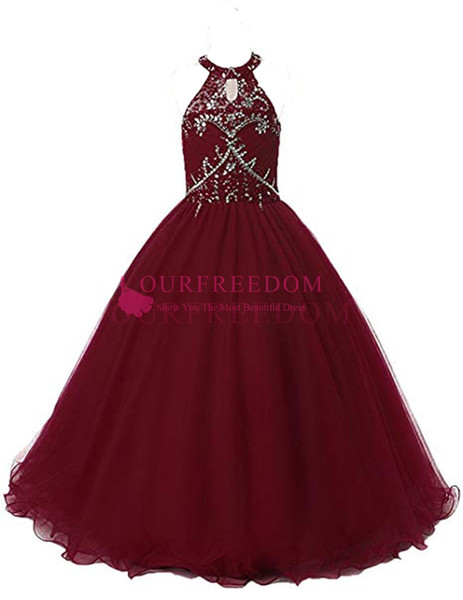 Real Image Burgundy Chiffon Girls Pageant Gown Halter Neck A Line Beaded Crystal Flower Girls Dresses For First Communion Dresses