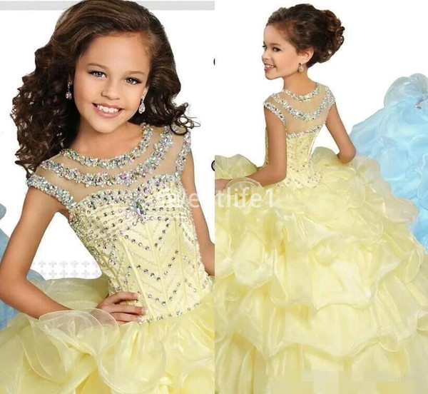 Light Yellow Princess Ball Gown Girls Pageant Gowns Cap Sleeves Crystals Beaded Ruffles Performance Dresses Kids Formal Party Gowns