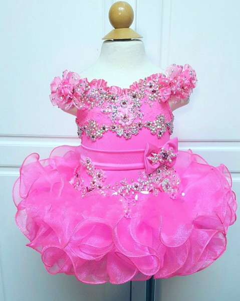 Fuchsia Off The Shoulder Cupcake Girls Pageant Gown Short Mini Beaded Ruffles Tiered Skirts First Communion Dresses Girls Party Flower