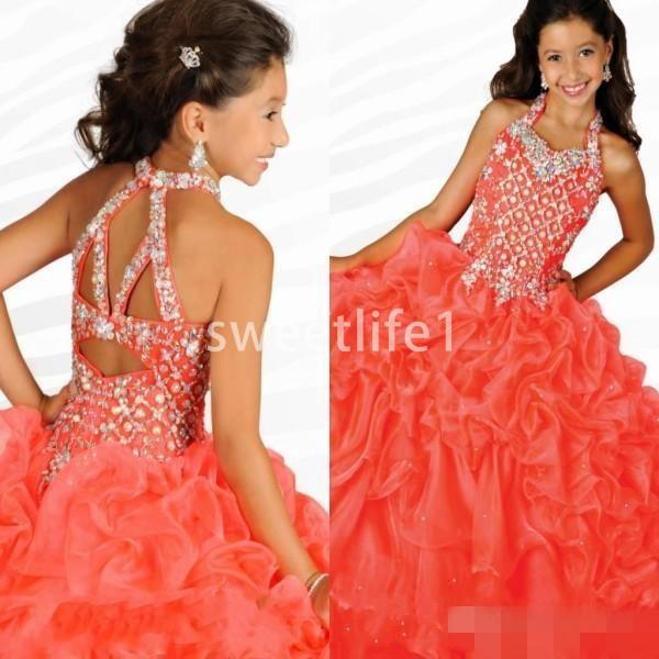 Girls Pageant Dresses Gorgeous Halter Neck with Rhinestones Watermelon Ruffles Organza Ritzee Girls Party Ball Gowns