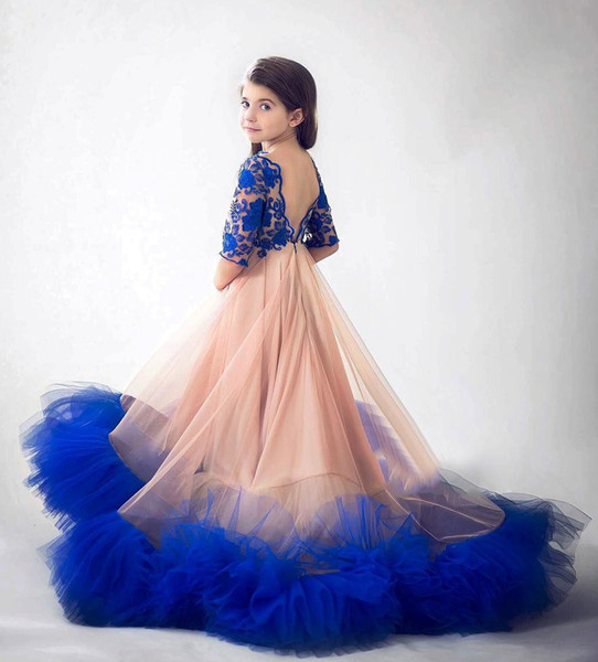 Royal Blue A Line Girls Pageant Dresses Lace Half Sleeves Flower Girls Princess Dress Formal Birthday Party Wear