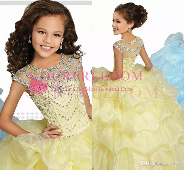Light Yellow Princess Ball Gown Girls Pageant Gowns Cap Sleeves Crystals Beaded Ruffles Performance Dresses Kids Formal Party Gowns