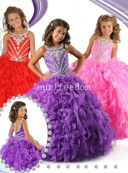 Shining Rhinestones Beaded Girls Pageant Gowns Crew Neck Ruffles Tiered Skirts Cross Back Ball Gown Flower Girls Dresses