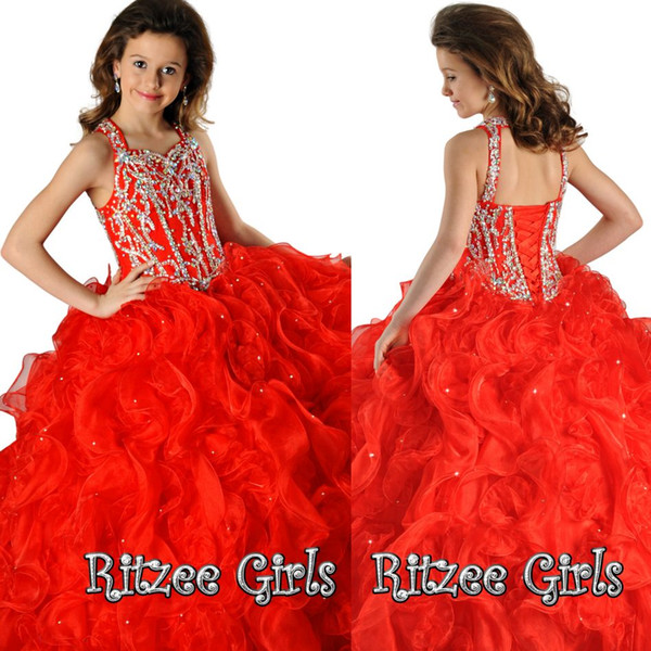 New Girls Pageant Dresses Crystal Beads Crew Ball Gown Lace Up Back Ruffles Organza Cute Red Princess Flower Girl Child Formal Gowns