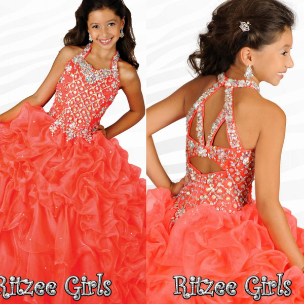 New Pageant Dresses For Little Girl Halter Beads Crystal Ball Gown Ruffles Organza Custom Orange Princess Flower Girl Child Formal Gown