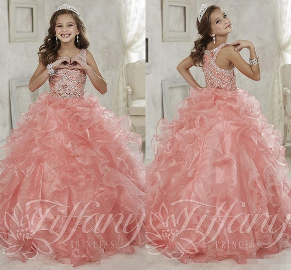 New Beading Little Girls Pageant Dresses Ruffles Pink Organza Pageant Dress Ball Gown Flower Girls Dresses for Wedding