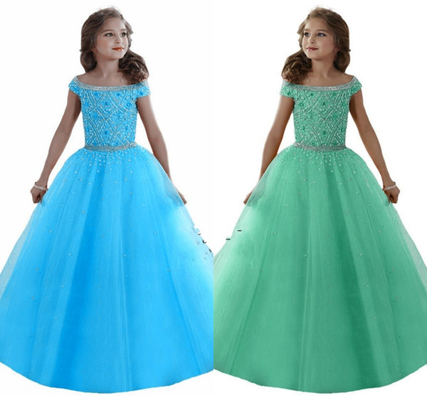 Custom Made Lovely Girls Pageant Dresses Off Shoulders Crystals Beaded Corset Back Flower Girl Dresses Organza Kids Formal Wear