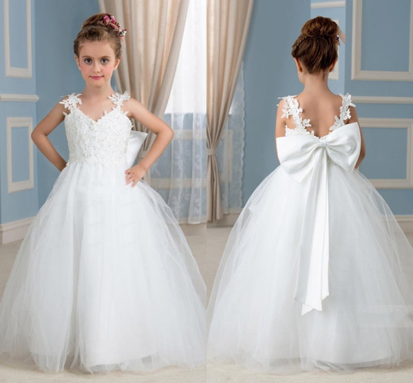 Custom Made New White Lace Ball Gown Flower Girl Dresses With Beads Floor Length Tulle Little Girl Dress For Weddings