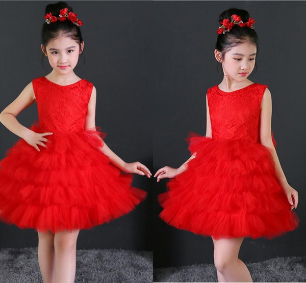 High-Quality White Red Puff Skirt Child Eauty Pageant Round Neck Lace Spring Summer Children Flower Children Skirt HY086