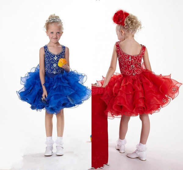 Custom Made Royal Blue Pageant Dresses Cup Cake Hand Made Red Christmas Dresses Organza Short Pageant Gown Beaded Crystal HY1346