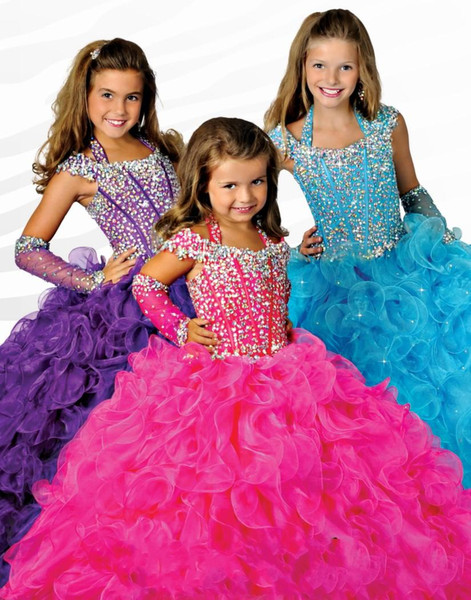 Purple Girl's Glitz Pageant Dresses Ball Gown Organza Flower Girl Dresses Hand Made Flowers Beads Crystals Tiers Toddler Pageant Dresse